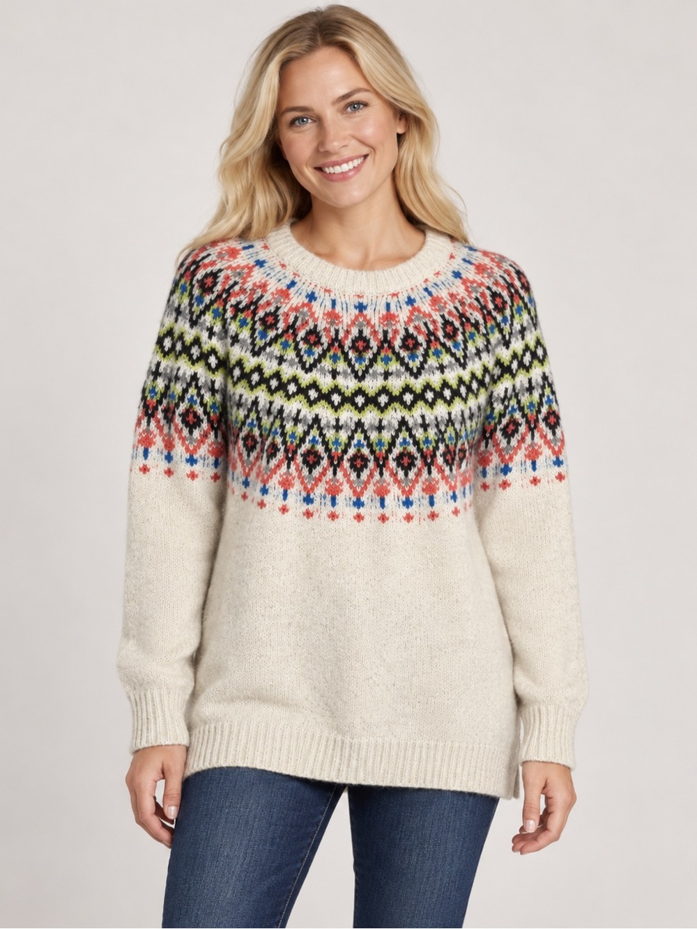 Aerie Fair Isle Nordic Chunky Knit Sweater Women’s L Cream Cozy Oversized